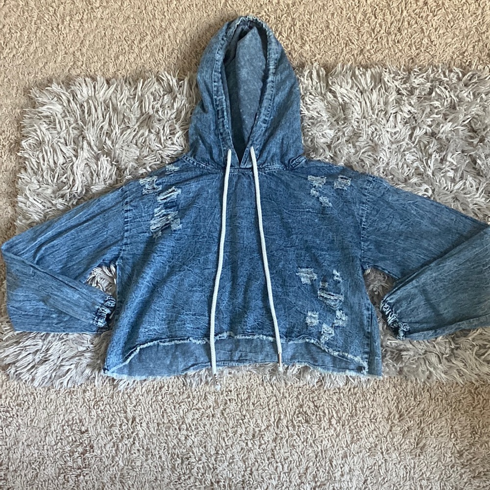 Ripped Blue Jean Crop Hoodie